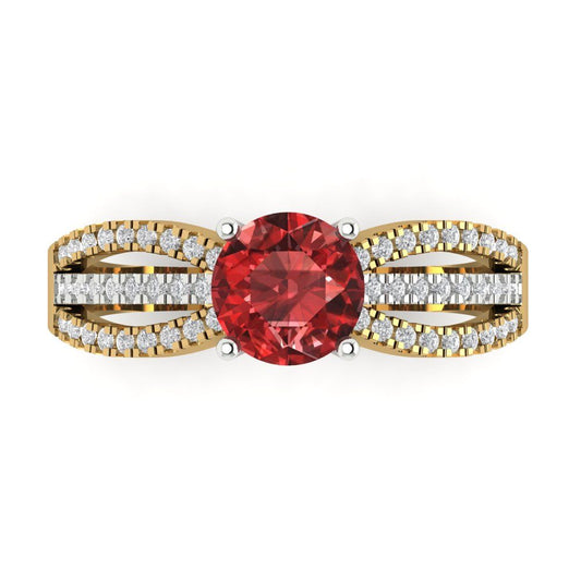 1.27 cttw Natural Garnet Solitaire with Zirconia Simulated Diamond Accents Engagement Ring - Solid  Yellow/White Gold (VVS1, Round Cut,6.5mm)