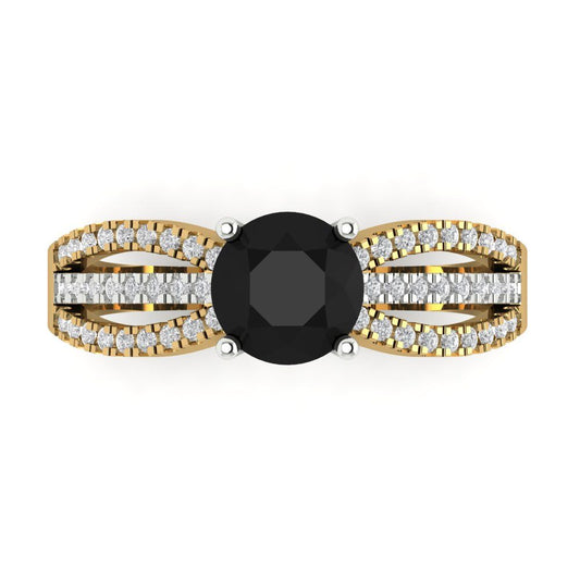 1.27 cttw Natural Onyx Solitaire with Zirconia Simulated Diamond Accents Engagement Ring - Solid  Yellow/White Gold (VVS1, Round Cut,6.5mm)