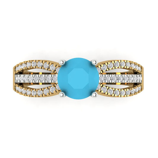 1.27 cttw Simulated Turquoise Solitaire with Zirconia Simulated Diamond Accents Engagement Ring - Solid  Yellow/White Gold (VVS1, Round Cut,6.5mm)