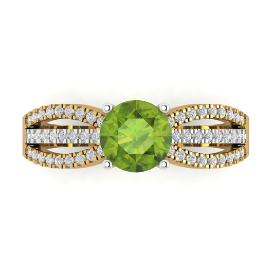 1.27 cttw Natural Peridot Solitaire with Zirconia Simulated Diamond Accents Engagement Ring - Solid  Yellow/White Gold (VVS1, Round Cut,6.5mm)