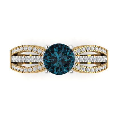 1.27 cttw Natural London Blue Topaz Solitaire with Zirconia Simulated Diamond Accents Engagement Ring - Solid Gold (Round Cut,6.5mm)