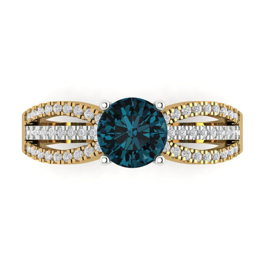 1.27 cttw Natural London Blue Topaz Solitaire with Zirconia Simulated Diamond Accents Engagement Ring - Solid  Yellow/White Gold (VVS1, Round Cut,6.5mm)
