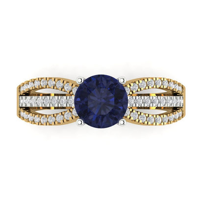 1.27 cttw Simulated Blue Sapphire Solitaire with Zirconia Simulated Diamond Accents Engagement Ring - Solid Gold (Round Cut,6.5mm)