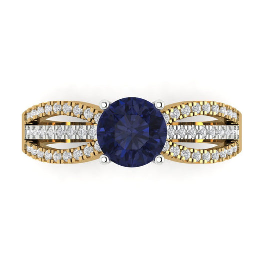 1.27 cttw Simulated Blue Sapphire Solitaire with Zirconia Simulated Diamond Accents Engagement Ring - Solid  Yellow/White Gold (VVS1, Round Cut,6.5mm)