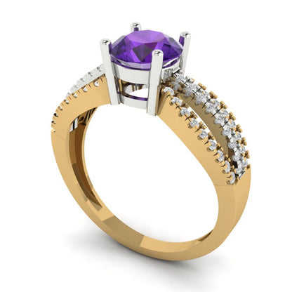 1.27 cttw Natural Amethyst Solitaire with Zirconia Simulated Diamond Accents Engagement Ring - Solid  Yellow/White Gold (VVS1, Round Cut,6.5mm)