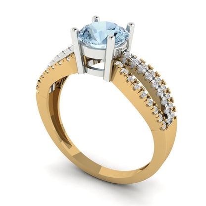 1.27 cttw Natural Swiss Blue Topaz Solitaire with Zirconia Simulated Diamond Accents Engagement Ring - Solid  Yellow/White Gold (VVS1, Round Cut,6.5mm)