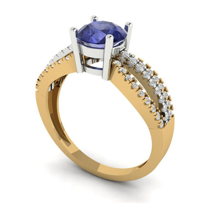 1.27 cttw Simulated Tanzanite Solitaire with Zirconia Simulated Diamond Accents Engagement Ring - Solid  Yellow/White Gold (VVS1, Round Cut,6.5mm)