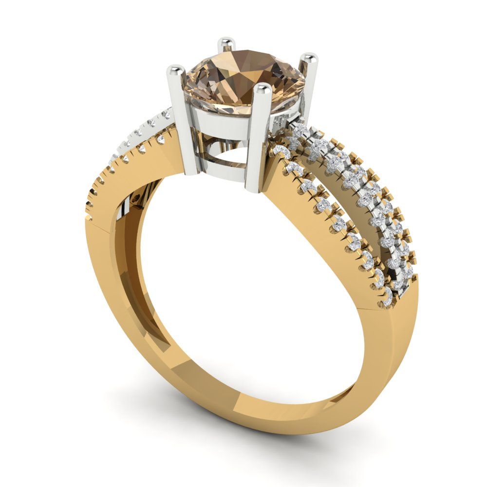 1.27 cttw Zirconia Simulated Champagne Diamond Solitaire with Zirconia Simulated Diamond Accents Engagement Ring - Solid  Yellow/White Gold (VVS1, Round Cut,6.5mm)