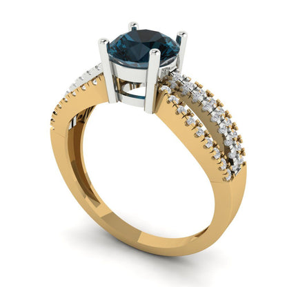 1.27 cttw Natural London Blue Topaz Solitaire with Zirconia Simulated Diamond Accents Engagement Ring - Solid Gold (Round Cut,6.5mm)