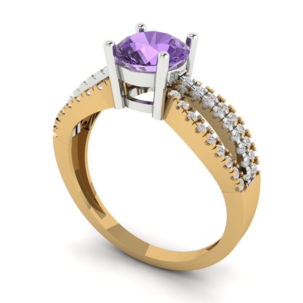 1.27 cttw Simulated Alexandrite Solitaire with Zirconia Simulated Diamond Accents Engagement Ring - Solid  Yellow/White Gold (VVS1, Round Cut,6.5mm)