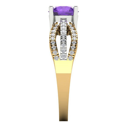 1.27 cttw Natural Amethyst Solitaire with Zirconia Simulated Diamond Accents Engagement Ring - Solid  Yellow/White Gold (VVS1, Round Cut,6.5mm)
