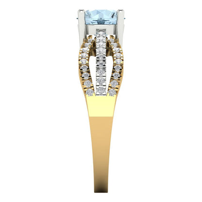 1.27 cttw Natural Aquamarine Solitaire with Zirconia Simulated Diamond Accents Engagement Ring - Solid  Yellow/White Gold (VVS1, Round Cut,6.5mm)