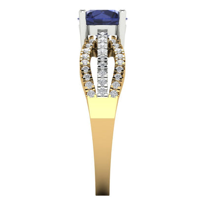 1.27 cttw Simulated Blue Sapphire Solitaire with Zirconia Simulated Diamond Accents Engagement Ring - Solid Gold (Round Cut,6.5mm)