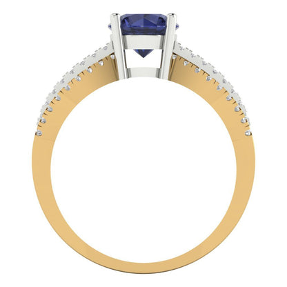 1.27 cttw Simulated Blue Sapphire Solitaire with Zirconia Simulated Diamond Accents Engagement Ring - Solid Gold (Round Cut,6.5mm)