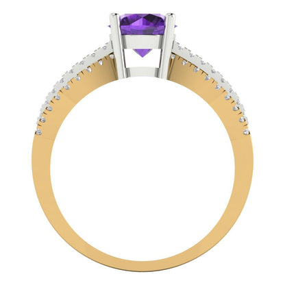 1.27 cttw Natural Amethyst Solitaire with Zirconia Simulated Diamond Accents Engagement Ring - Solid  Yellow/White Gold (VVS1, Round Cut,6.5mm)