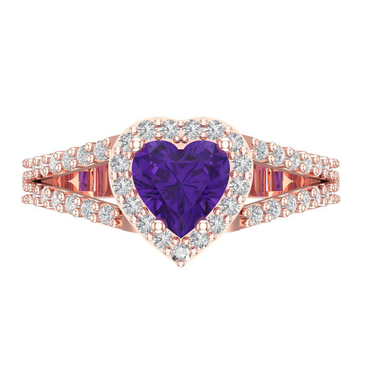 1.49 cttw Natural Amethyst Hidden Halo Engagement Ring - Solid Rose Gold (VVS1, Heart Cut,6.5mm)