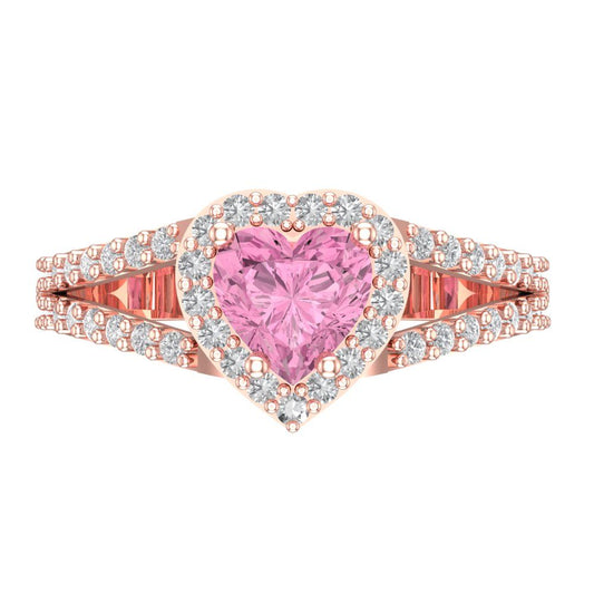 1.49 cttw Zirconia Simulated Pink Diamond Hidden Halo Engagement Ring - Solid Rose Gold (VVS1, Heart Cut,6.5mm)
