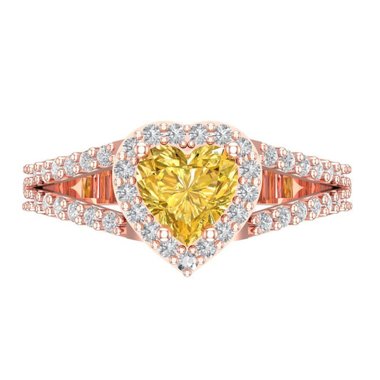 1.49 cttw Zirconia Simulated Yellow Diamond Hidden Halo Engagement Ring - Solid Rose Gold (VVS1, Heart Cut,6.5mm)