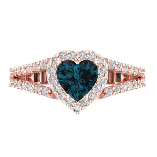1.49 cttw Natural London Blue Topaz Hidden Halo Engagement Ring - Solid Rose Gold (VVS1, Heart Cut,6.5mm)