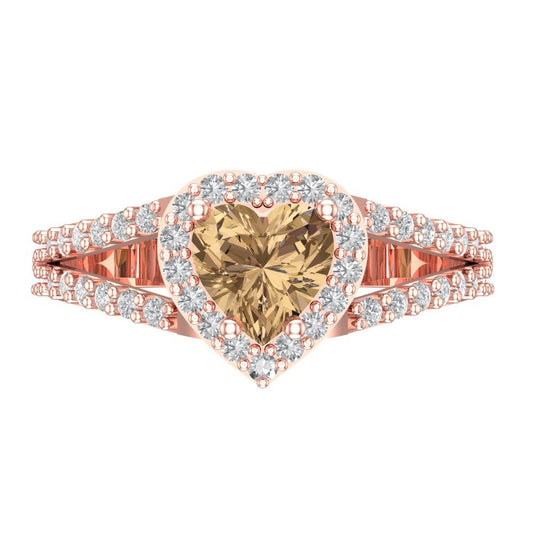1.49 cttw Zirconia Simulated Champagne Diamond Hidden Halo Engagement Ring - Solid Rose Gold (VVS1, Heart Cut,6.5mm)