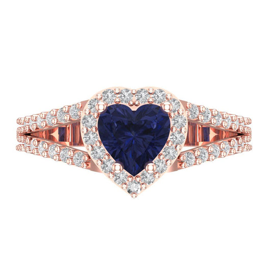 1.49 cttw Simulated Blue Sapphire Hidden Halo Engagement Ring - Solid Rose Gold (VVS1, Heart Cut,6.5mm)