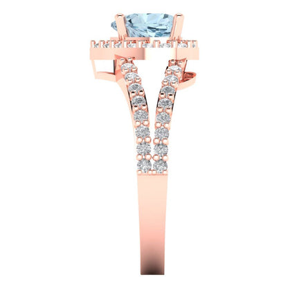 1.75 Heart Halo split shank Natural Sky Blue Topaz Classic Promise Wedding Engagement Classic Designer Ring Solid 14k Rose Gold