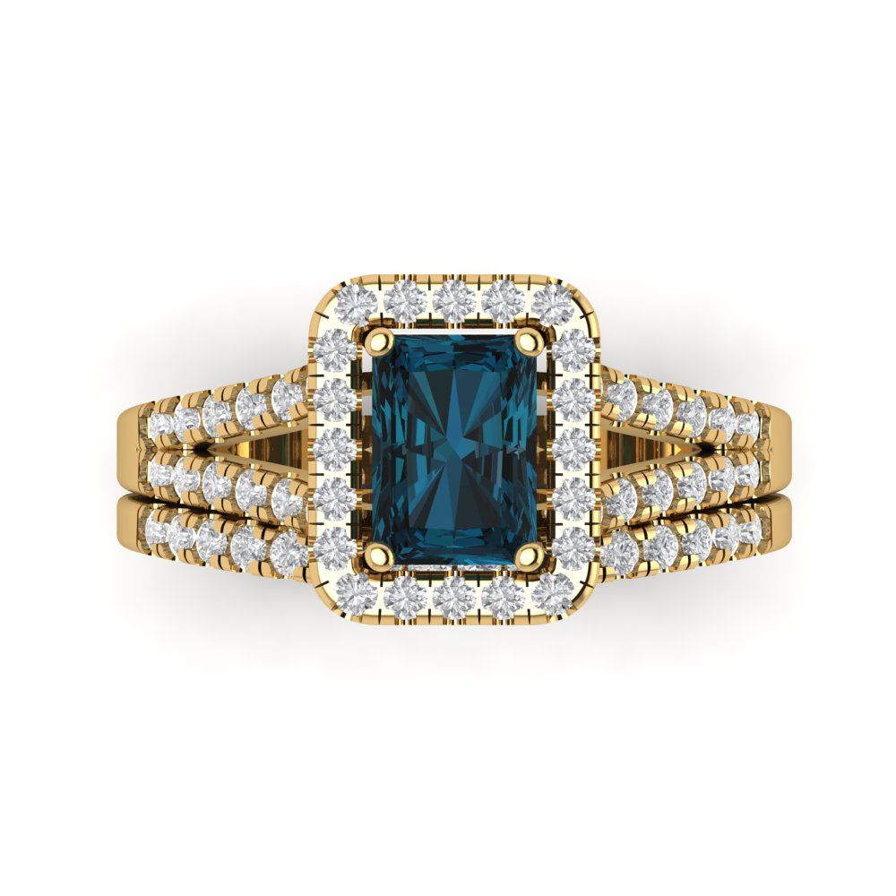 1.72 cttw Emerald Cut Natural London Blue Topaz Bridal Set - Solid Yellow Gold Engagement Ring & Wedding Band