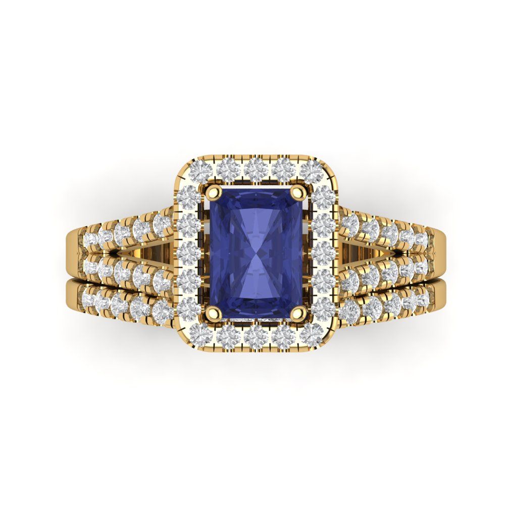 1.72 cttw Emerald Cut Simulated Tanzanite Bridal Set - Solid Yellow Gold Engagement Ring & Wedding Band