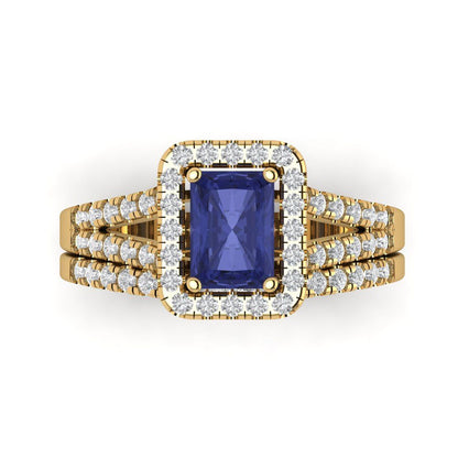 1.72 cttw Emerald Cut Simulated Tanzanite Bridal Set - Solid Yellow Gold Engagement Ring & Wedding Band