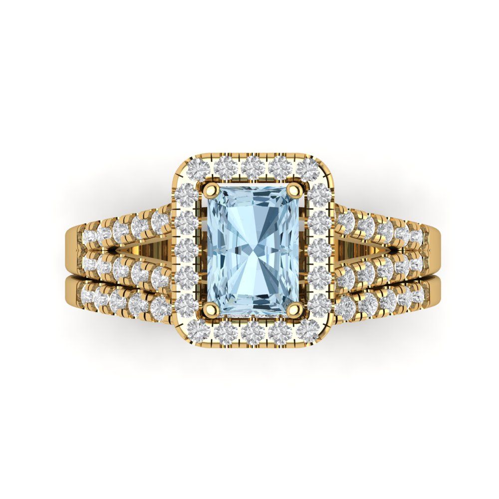 1.72 cttw Emerald Cut Natural Sky Blue Topaz Bridal Set - Solid Yellow Gold Engagement Ring & Wedding Band