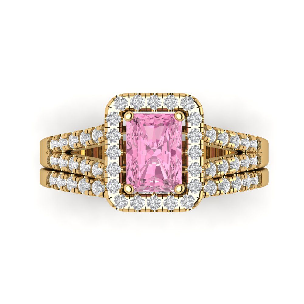 1.72 cttw Emerald Cut Simulated Pink Diamond Bridal Set - Solid Yellow Gold Engagement Ring & Wedding Band