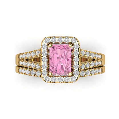1.72 cttw Emerald Cut Simulated Pink Diamond Bridal Set - Solid Yellow Gold Engagement Ring & Wedding Band