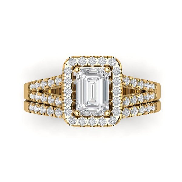 1.57 ct Brilliant Emerald Cut Genuine Cultured Diamond Stone Clarity VS1-2 Color J-K Yellow Gold Halo Solitaire with Accents Bridal Set