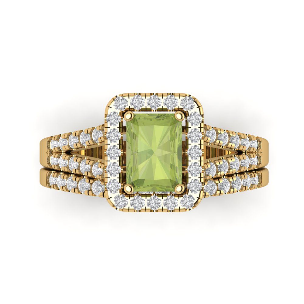1.72 cttw Emerald Cut Natural Peridot Bridal Set - Solid Yellow Gold Engagement Ring & Wedding Band