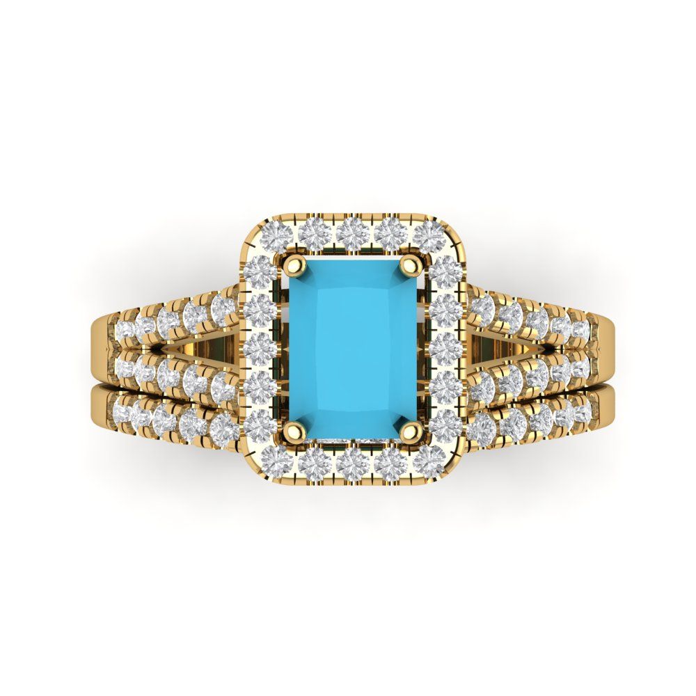 1.72 cttw Emerald Cut Simulated Turquoise Bridal Set - Solid Yellow Gold Engagement Ring & Wedding Band