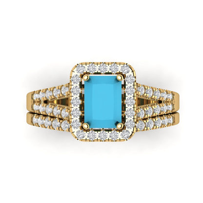 1.72 cttw Emerald Cut Simulated Turquoise Bridal Set - Solid Yellow Gold Engagement Ring & Wedding Band