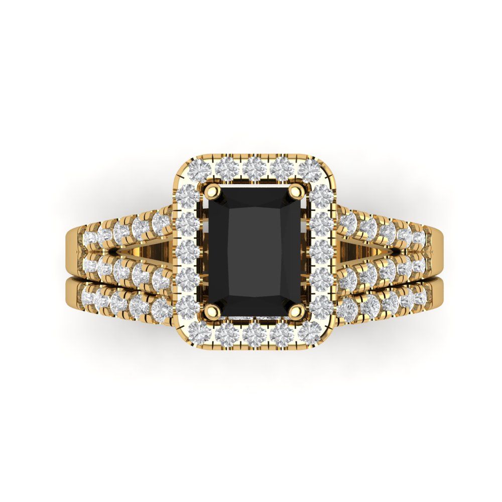 1.72 cttw Emerald Cut Natural Onyx Bridal Set - Solid Yellow Gold Engagement Ring & Wedding Band