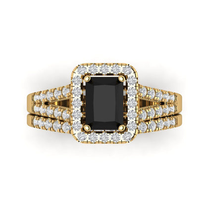 1.72 cttw Emerald Cut Natural Onyx Bridal Set - Solid Yellow Gold Engagement Ring & Wedding Band