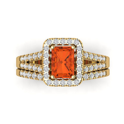 1.72 cttw Emerald Cut Simulated Red Diamond Bridal Set - Solid Yellow Gold Engagement Ring & Wedding Band