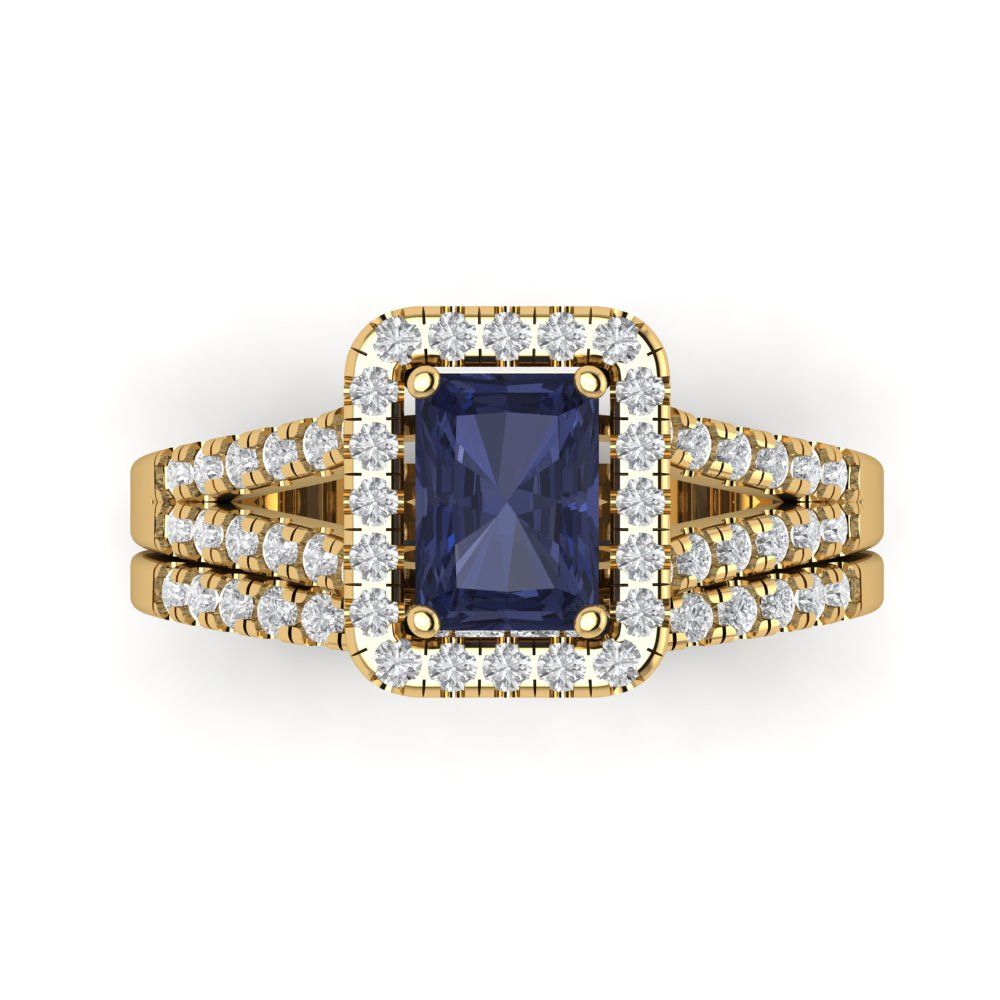1.72 cttw Emerald Cut Simulated Blue Sapphire Bridal Set - Solid Yellow Gold Engagement Ring & Wedding Band