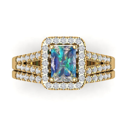 1.72 cttw Emerald Cut Blue Moissanite Bridal Set - Solid Yellow Gold Engagement Ring & Wedding Band