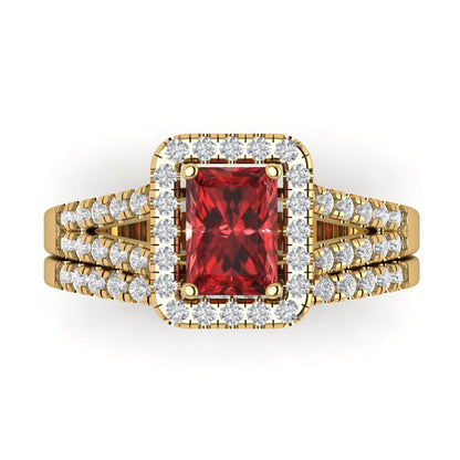 1.72 cttw Emerald Cut Natural Garnet Bridal Set - Solid Yellow Gold Engagement Ring & Wedding Band