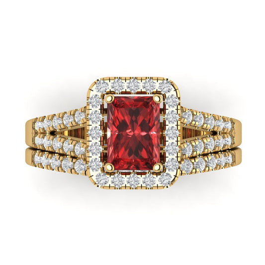 1.72 cttw Emerald Cut Natural Garnet Bridal Set - Solid Yellow Gold Engagement Ring & Wedding Band