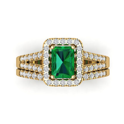1.72 cttw Emerald Cut Simulated Emerald Bridal Set - Solid Yellow Gold Engagement Ring & Wedding Band