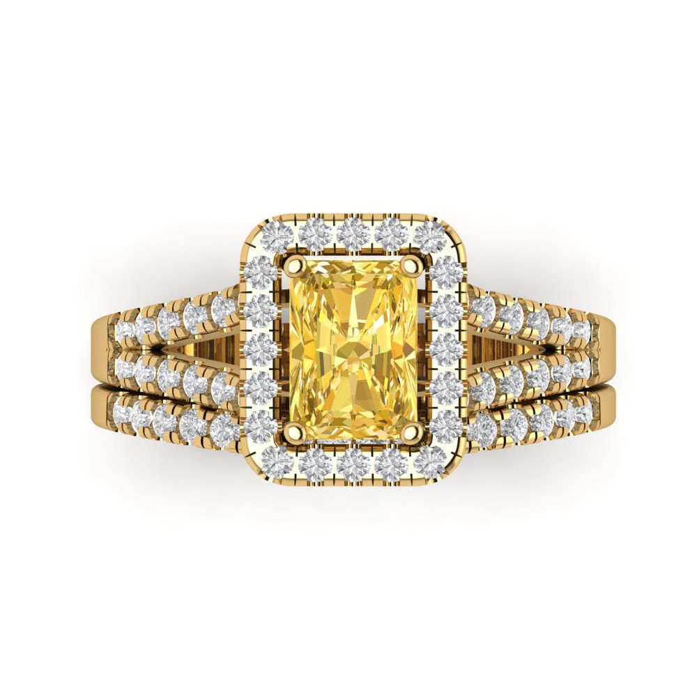 1.72 cttw Emerald Cut Simulated Yellow Diamond Bridal Set - Solid Yellow Gold Engagement Ring & Wedding Band