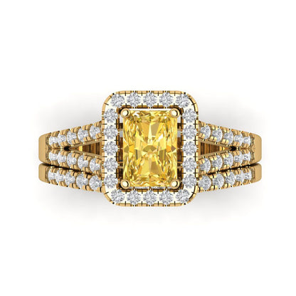 1.72 cttw Emerald Cut Simulated Yellow Diamond Bridal Set - Solid Yellow Gold Engagement Ring & Wedding Band