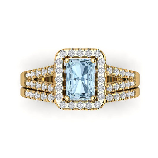 1.72 cttw Emerald Cut Natural Aquamarine Bridal Set - Solid Yellow Gold Engagement Ring & Wedding Band
