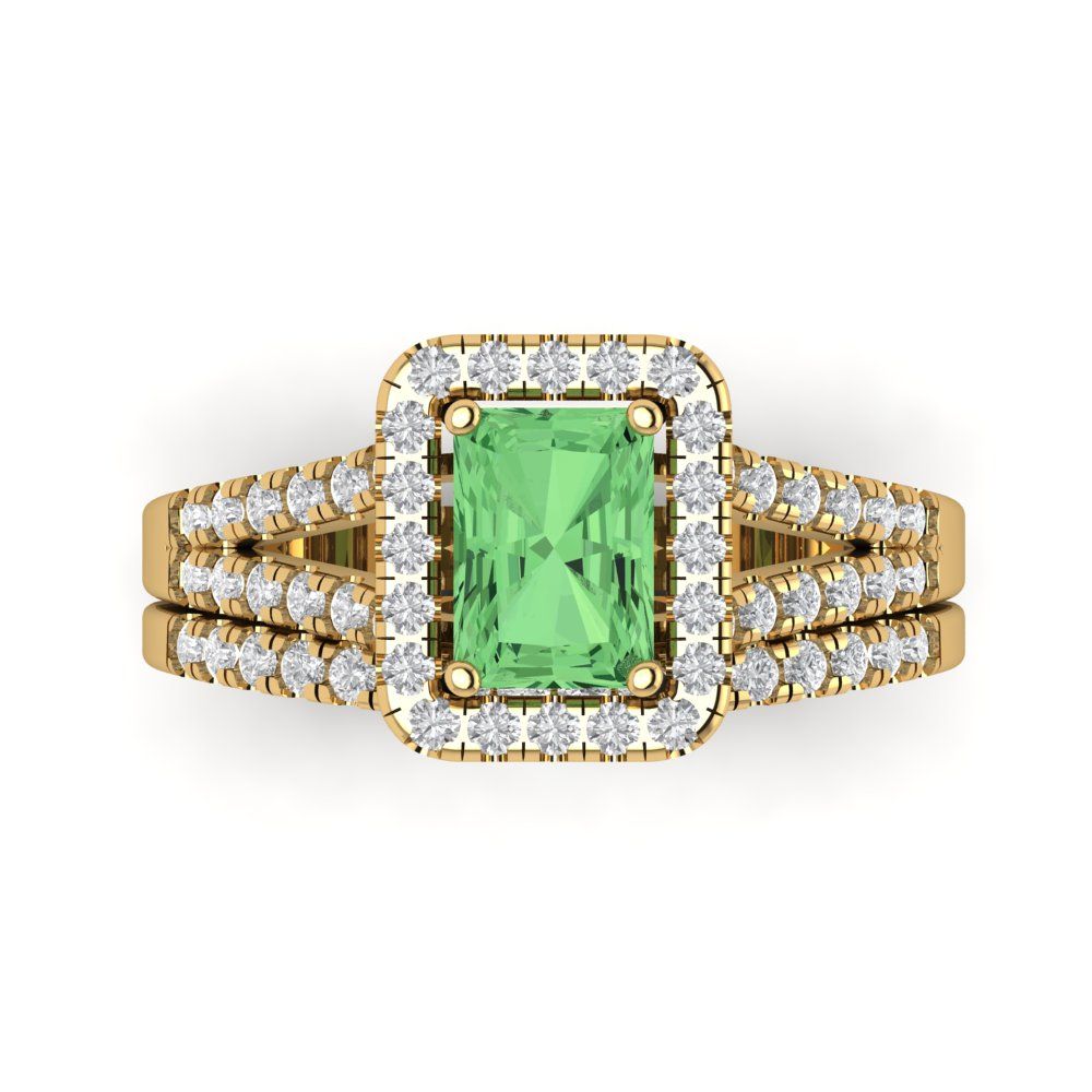 1.72 cttw Emerald Cut Simulated Green Diamond Bridal Set - Solid Yellow Gold Engagement Ring & Wedding Band