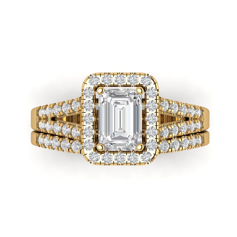 1.72 cttw Emerald Cut White Sapphire Bridal Set - Solid Yellow Gold Engagement Ring & Wedding Band