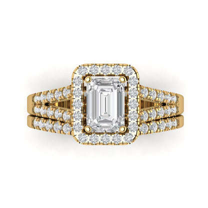 1.72 cttw Emerald Cut White Sapphire Bridal Set - Solid Yellow Gold Engagement Ring & Wedding Band